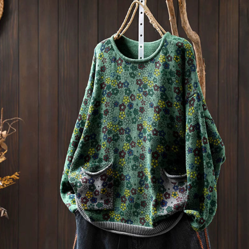 Tactile Cotton Botanical Knit Grounding Women's Sweater with Pockets
