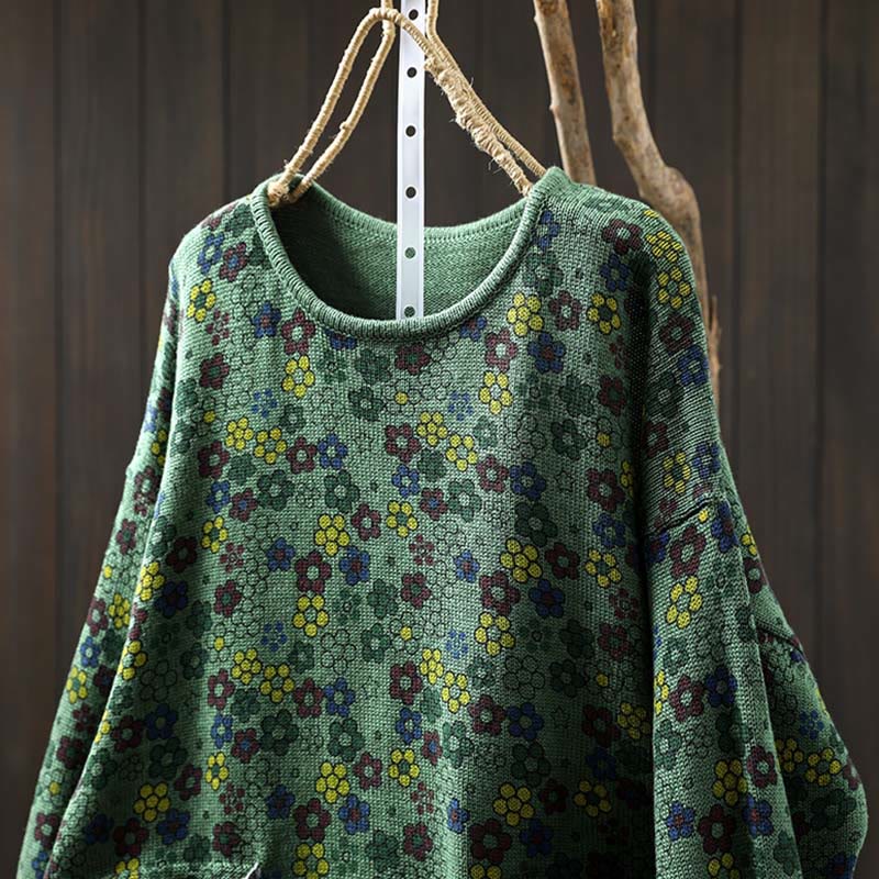 Tactile Cotton Botanical Knit Grounding Women's Sweater with Pockets