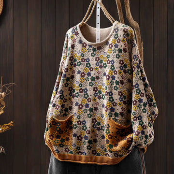 Tactile Cotton Botanical Knit Grounding Women's Sweater with Pockets