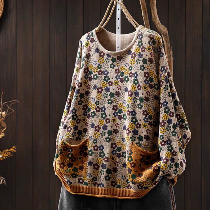 Tactile Cotton Botanical Knit Grounding Women's Sweater with Pockets