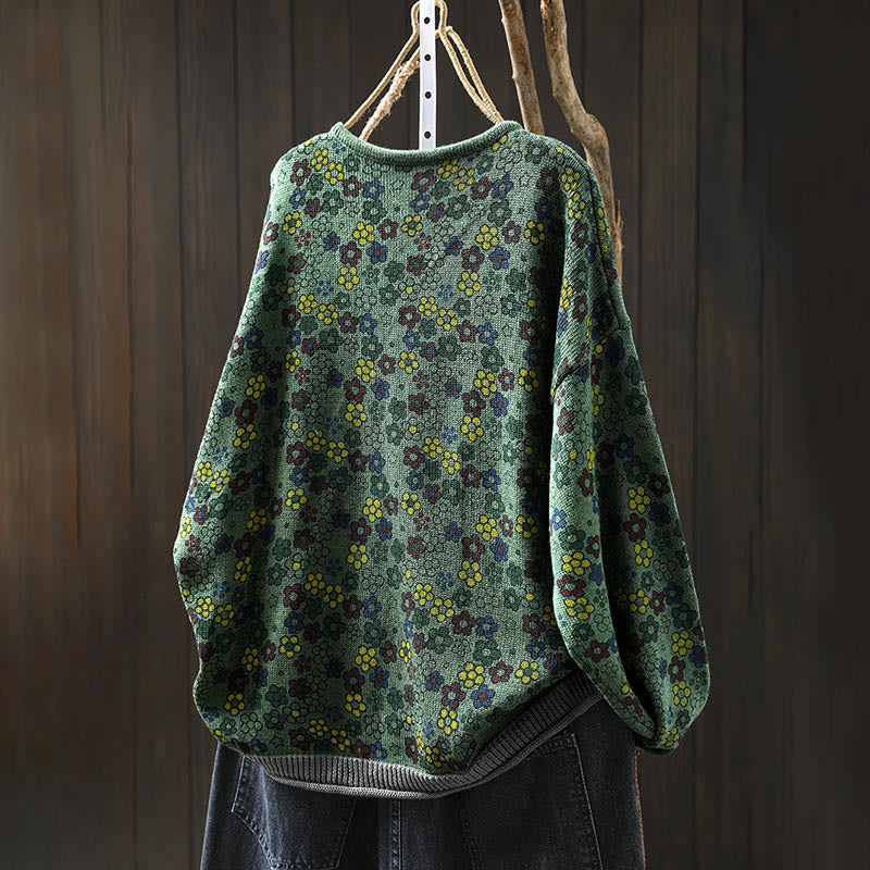 Tactile Cotton Botanical Knit Grounding Women's Sweater with Pockets