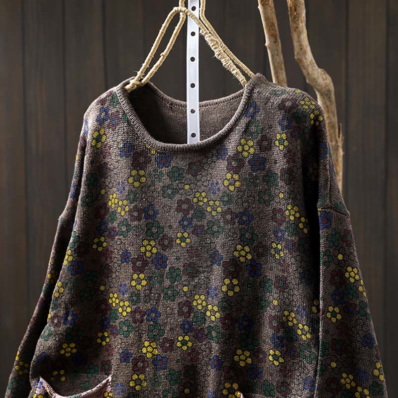 Tactile Cotton Botanical Knit Grounding Women's Sweater with Pockets