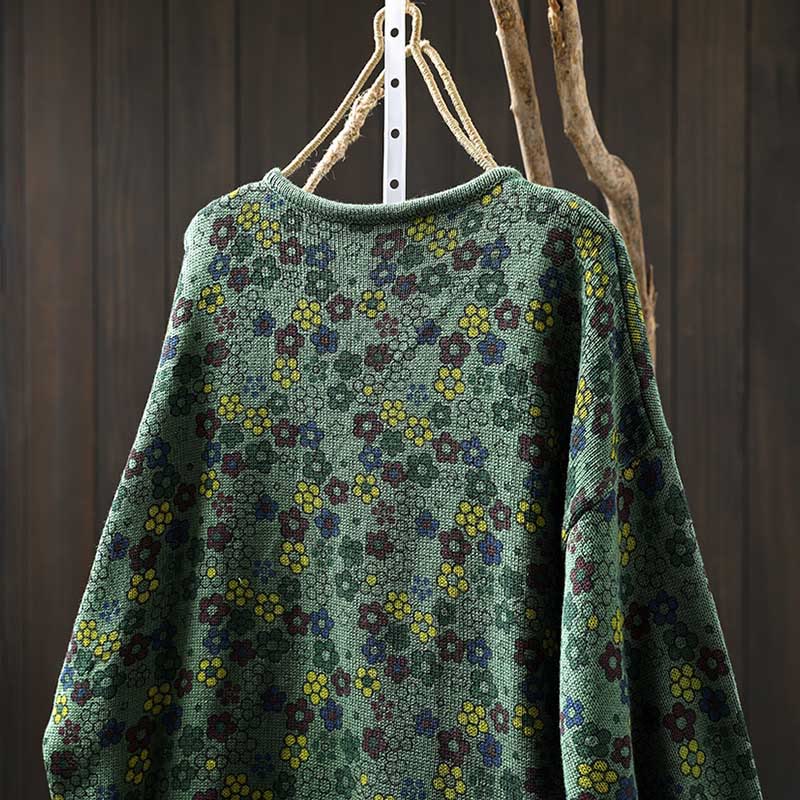 Tactile Cotton Botanical Knit Grounding Women's Sweater with Pockets