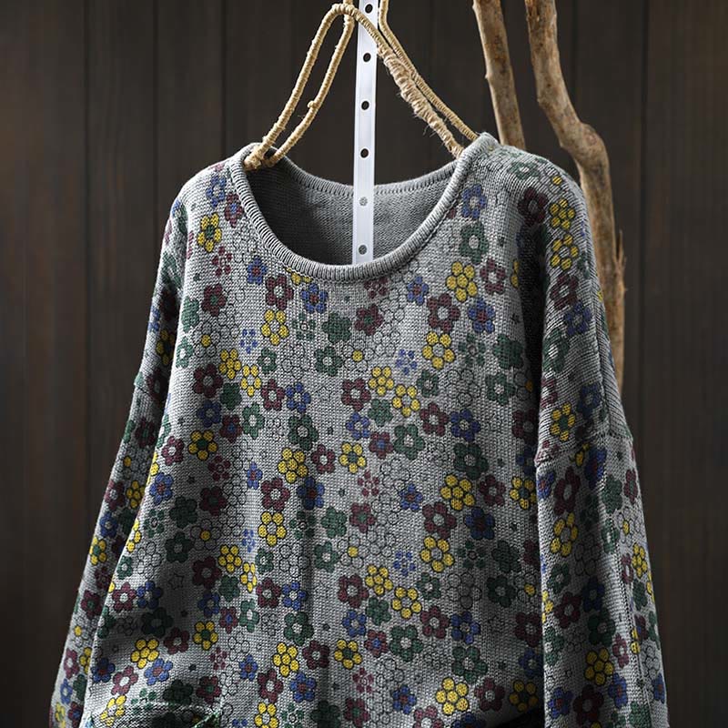 Tactile Cotton Botanical Knit Grounding Women's Sweater with Pockets