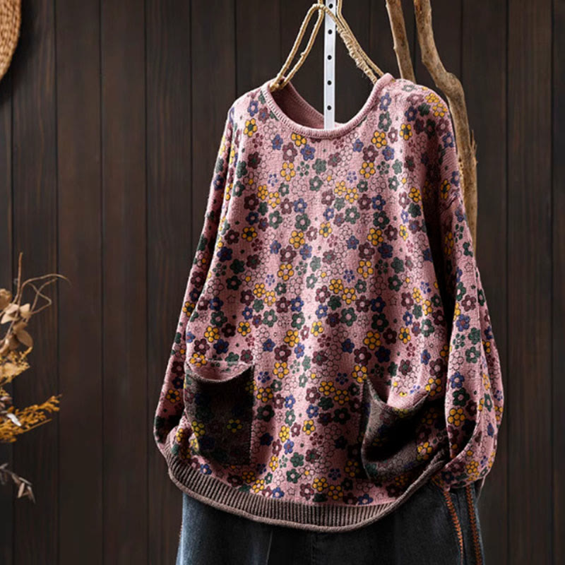 Tactile Cotton Botanical Knit Grounding Women's Sweater with Pockets