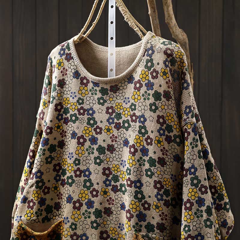 Tactile Cotton Botanical Knit Grounding Women's Sweater with Pockets