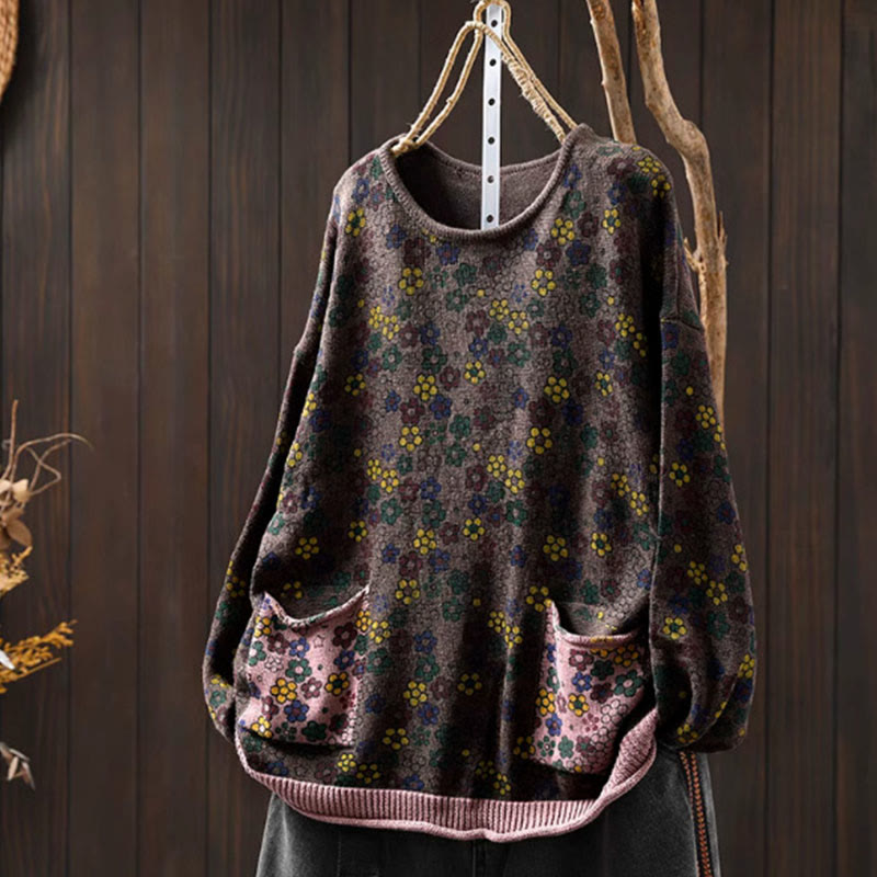 Tactile Cotton Botanical Knit Grounding Women's Sweater with Pockets