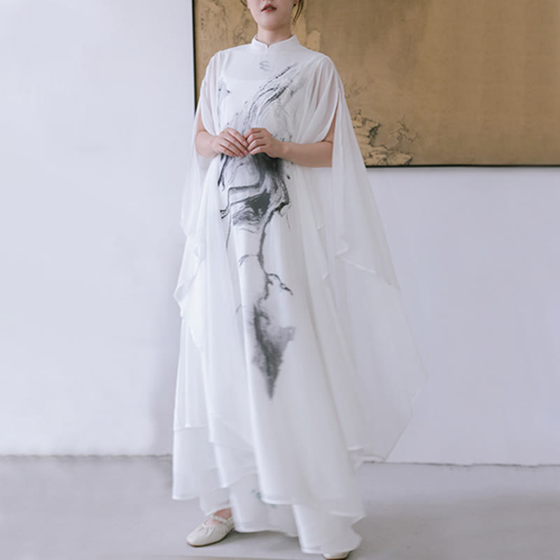 White Ink Print Design Short Sleeve Women's Meditation Midi Dress Pants Zen Clothing