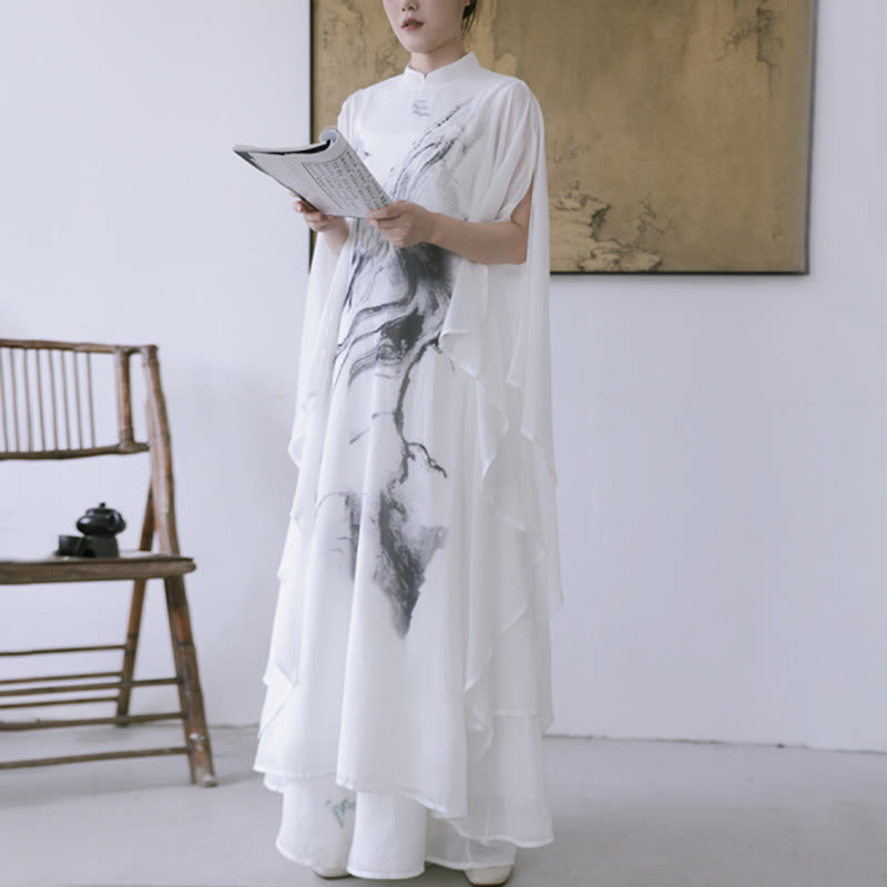 White Ink Print Design Short Sleeve Women's Meditation Midi Dress Pants Zen Clothing