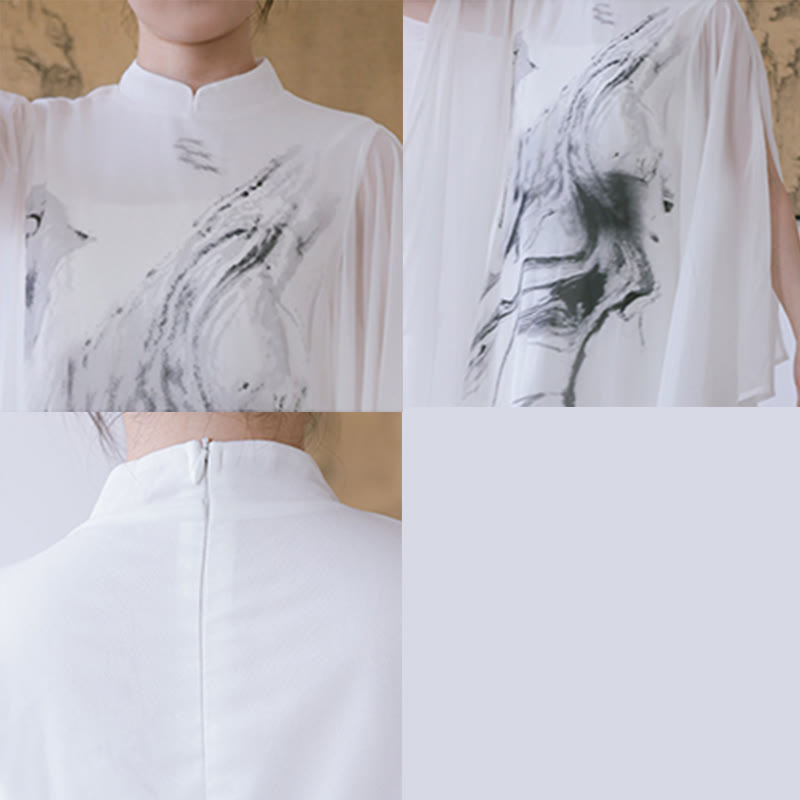 White Ink Print Design Short Sleeve Women's Meditation Midi Dress Pants Zen Clothing