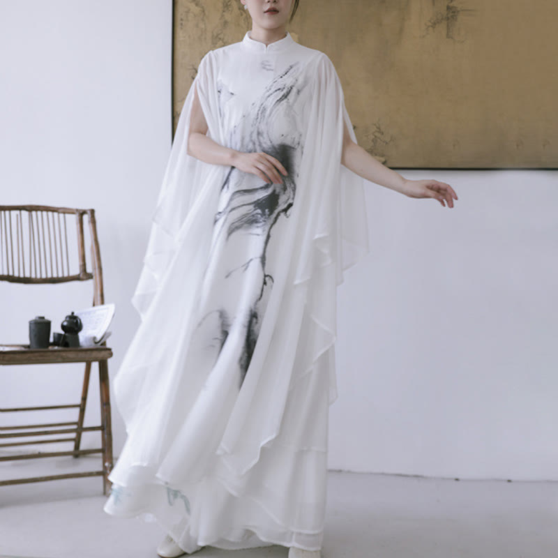 White Ink Print Design Short Sleeve Women's Meditation Midi Dress Pants Zen Clothing