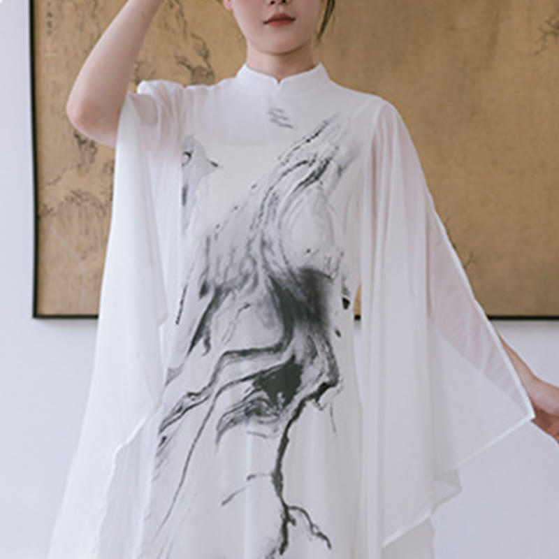 White Ink Print Design Short Sleeve Women's Meditation Midi Dress Pants Zen Clothing