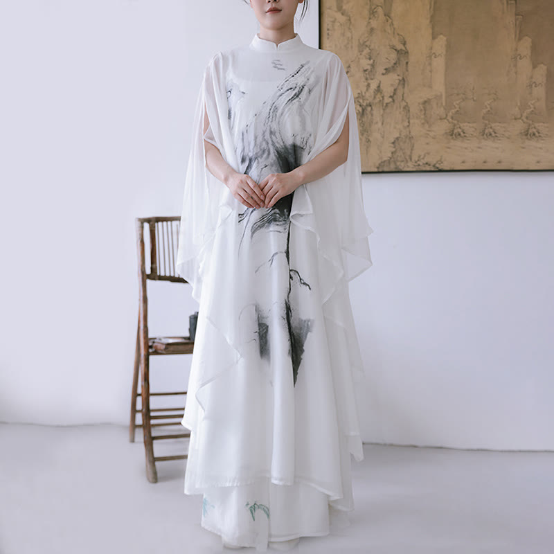 White Ink Print Design Short Sleeve Women's Meditation Midi Dress Pants Zen Clothing