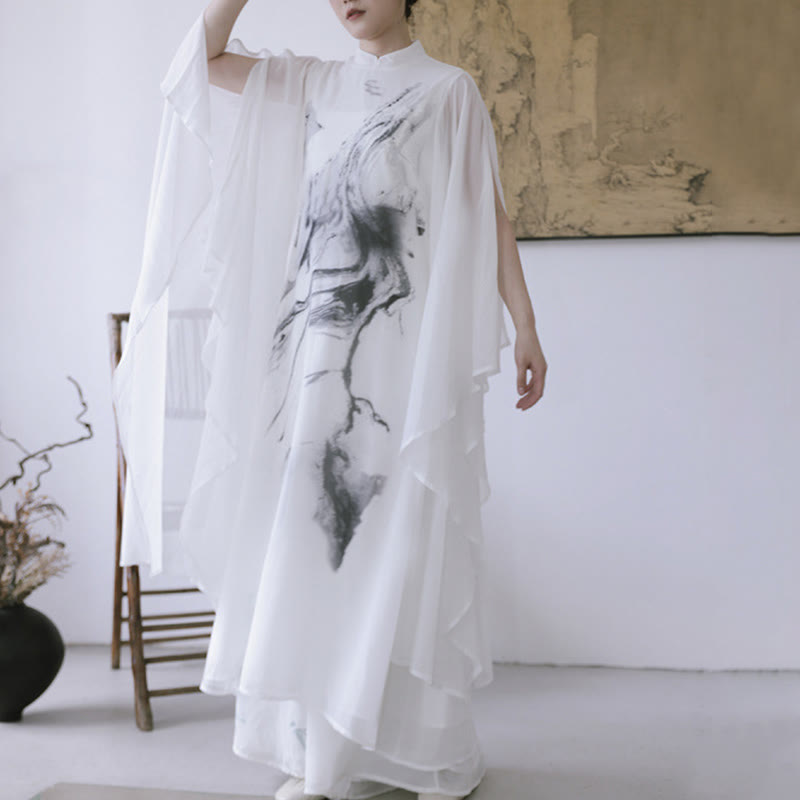 White Ink Print Design Short Sleeve Women's Meditation Midi Dress Pants Zen Clothing