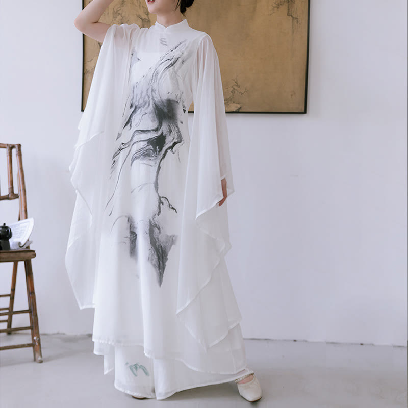 White Ink Print Design Short Sleeve Women's Meditation Midi Dress Pants Zen Clothing