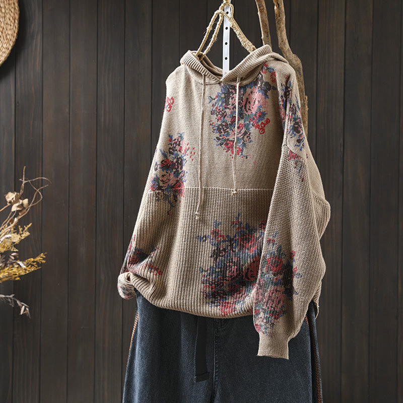 Women's Knitted Floral Cotton Long Sleeve Hooded Sweater