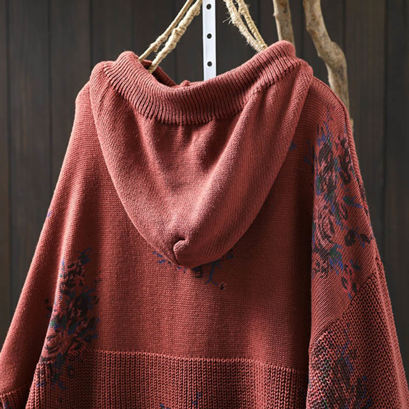 Women's Knitted Floral Cotton Long Sleeve Hooded Sweater