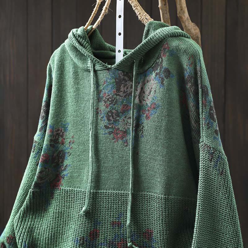 Women's Knitted Floral Cotton Long Sleeve Hooded Sweater
