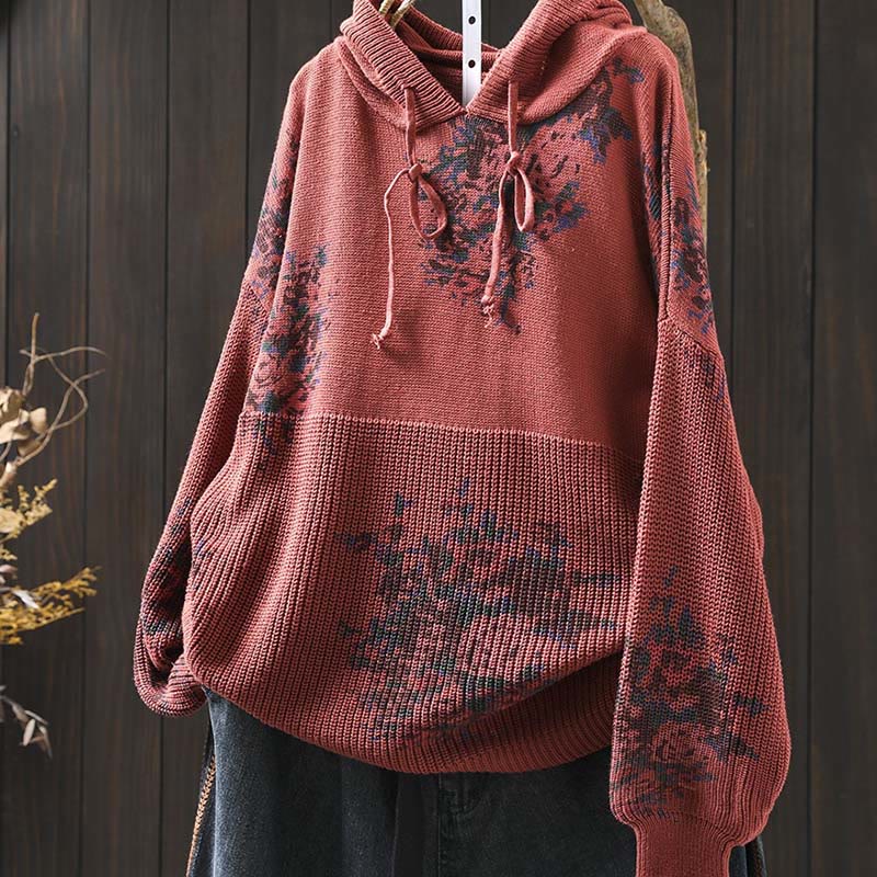 Women's Knitted Floral Cotton Long Sleeve Hooded Sweater