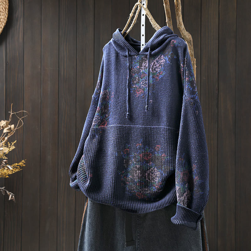 Women's Knitted Floral Cotton Long Sleeve Hooded Sweater
