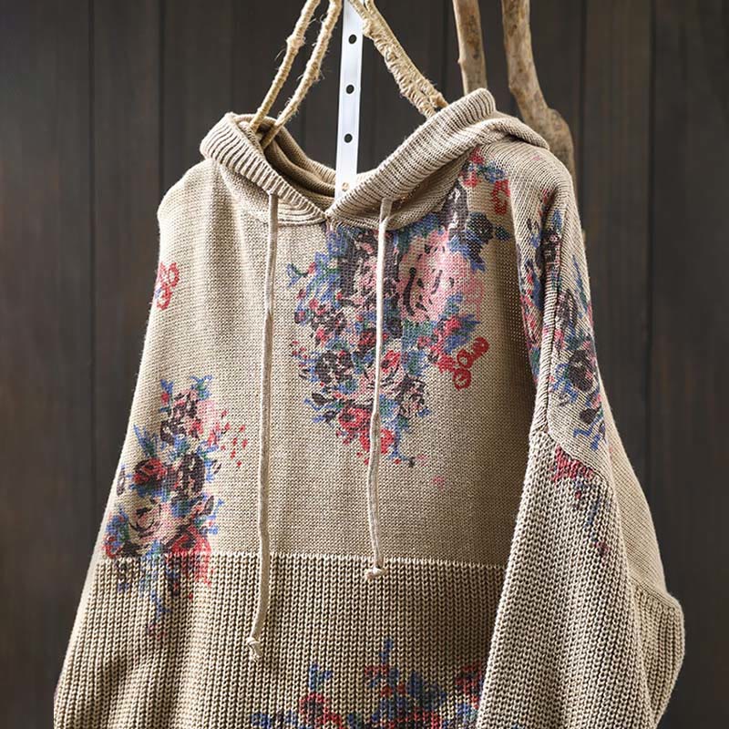 Women's Knitted Floral Cotton Long Sleeve Hooded Sweater