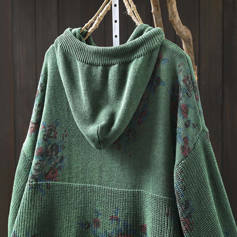 Women's Knitted Floral Cotton Long Sleeve Hooded Sweater