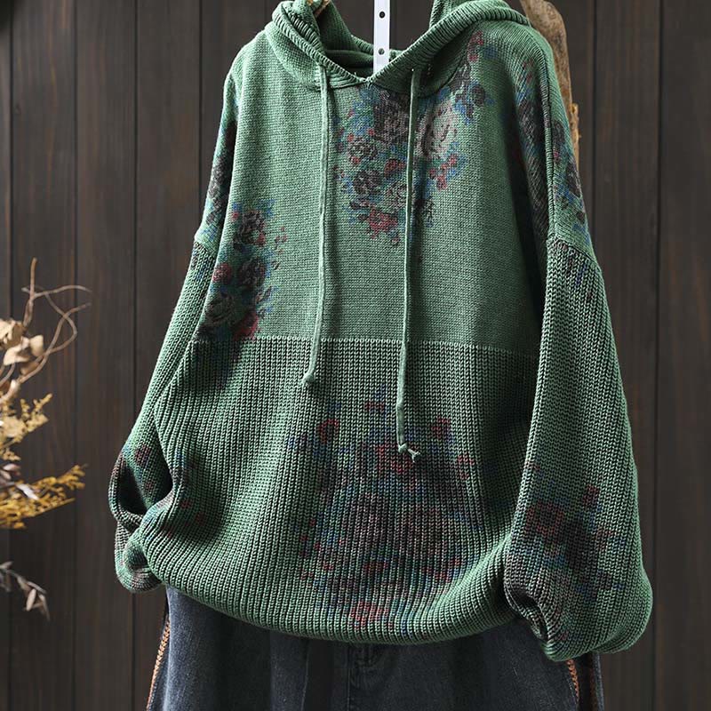 Women's Knitted Floral Cotton Long Sleeve Hooded Sweater