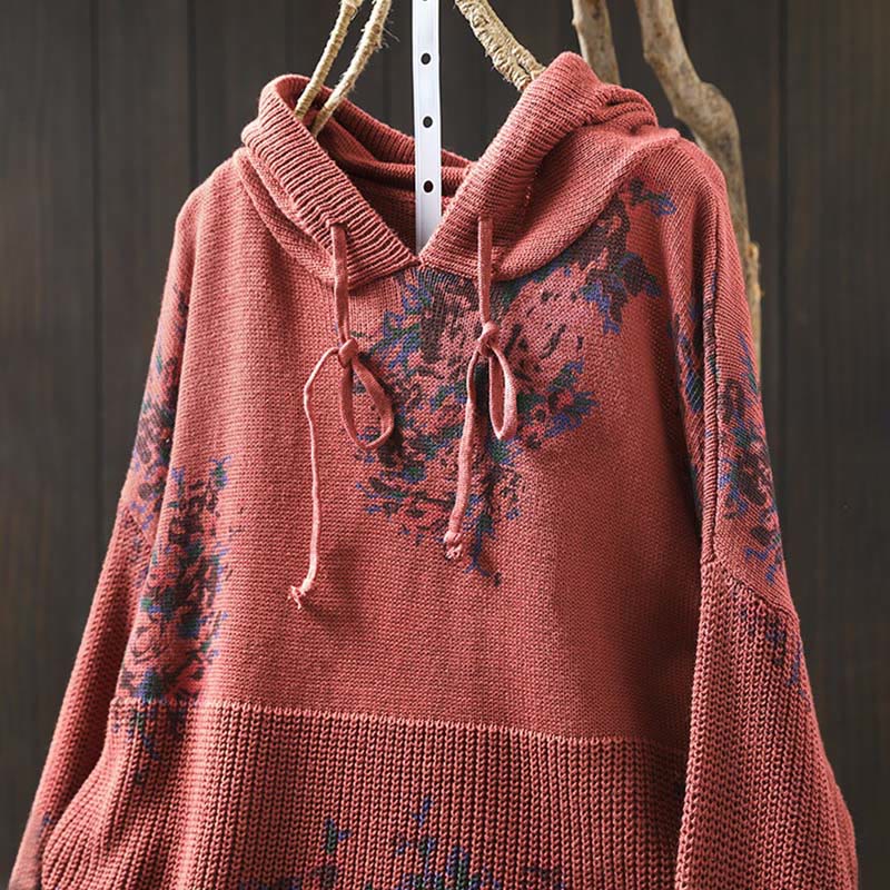 Women's Knitted Floral Cotton Long Sleeve Hooded Sweater