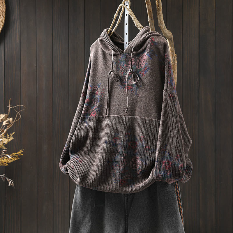 Women's Knitted Floral Cotton Long Sleeve Hooded Sweater