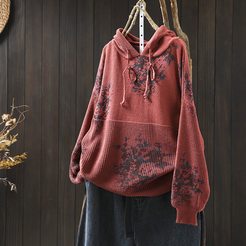 Women's Knitted Floral Cotton Long Sleeve Hooded Sweater