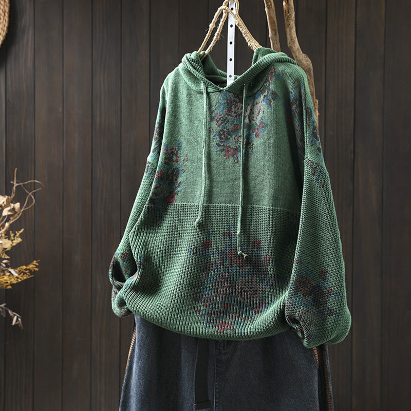 Women's Knitted Floral Cotton Long Sleeve Hooded Sweater