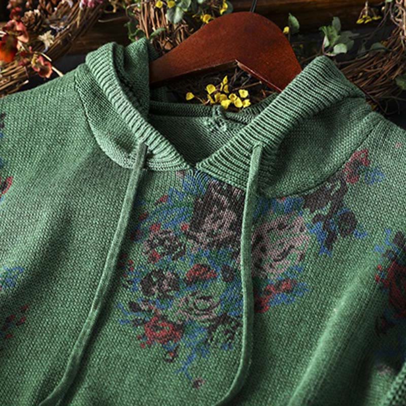 Women's Knitted Floral Cotton Long Sleeve Hooded Sweater