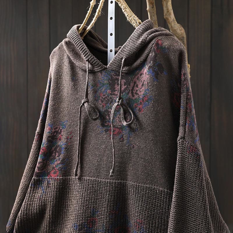 Women's Knitted Floral Cotton Long Sleeve Hooded Sweater