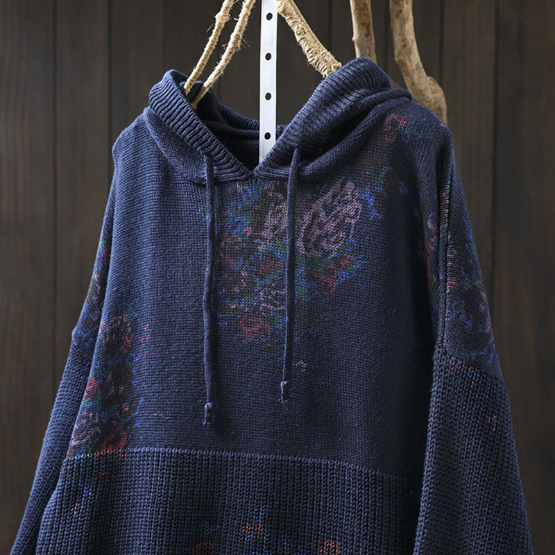 Women's Knitted Floral Cotton Long Sleeve Hooded Sweater