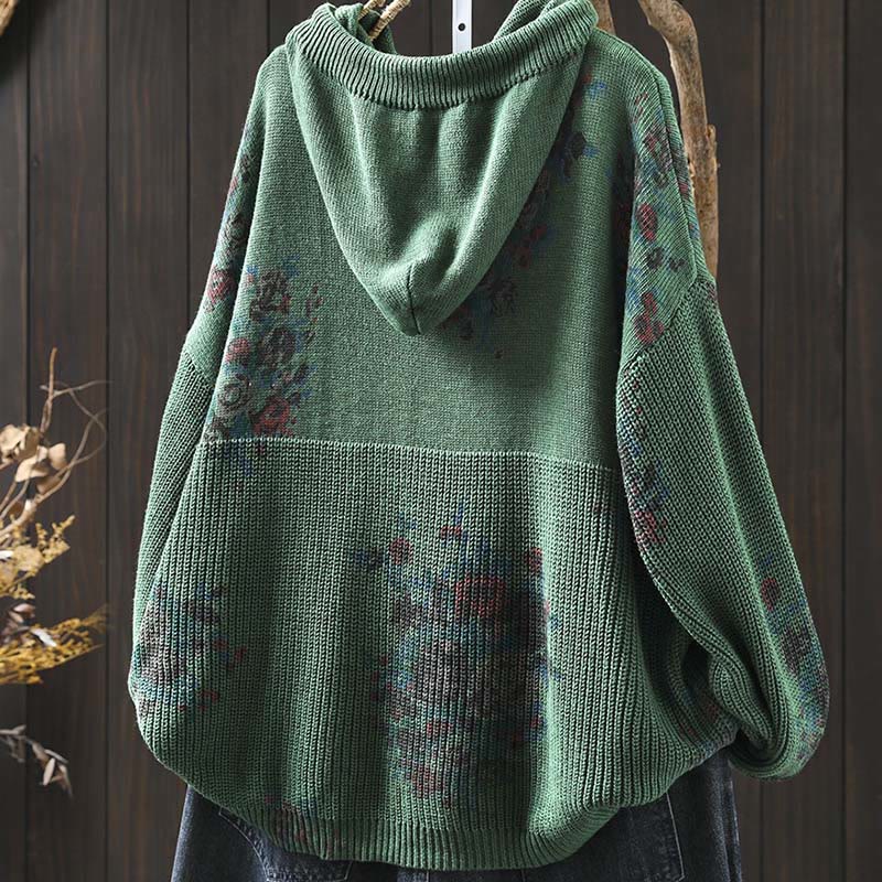 Women's Knitted Floral Cotton Long Sleeve Hooded Sweater