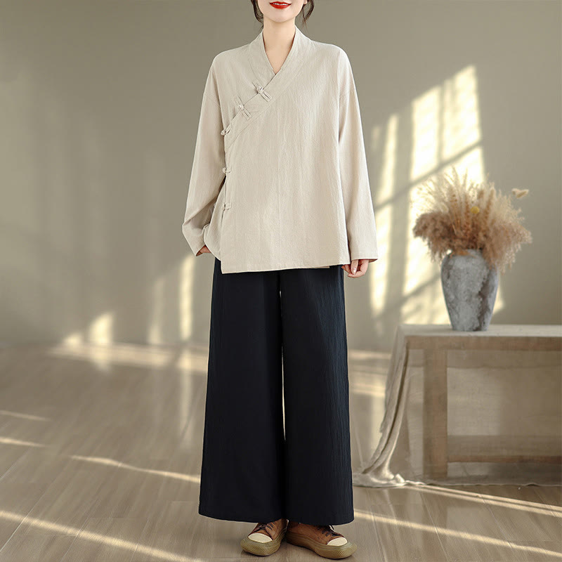 2Pcs V-Neck Long Sleeve Shirt Wide Leg Pants Zen Meditation Women's Set