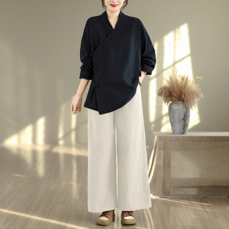 2Pcs V-Neck Long Sleeve Shirt Wide Leg Pants Zen Meditation Women's Set