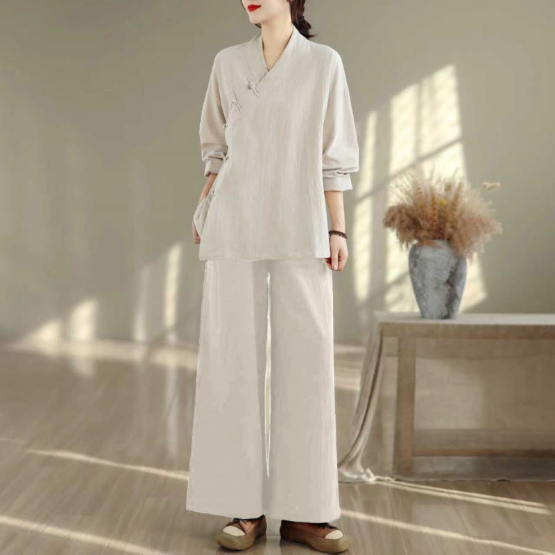 2Pcs V-Neck Long Sleeve Shirt Wide Leg Pants Zen Meditation Women's Set