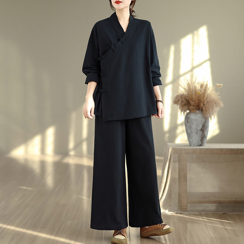 2Pcs V-Neck Long Sleeve Shirt Wide Leg Pants Zen Meditation Women's Set