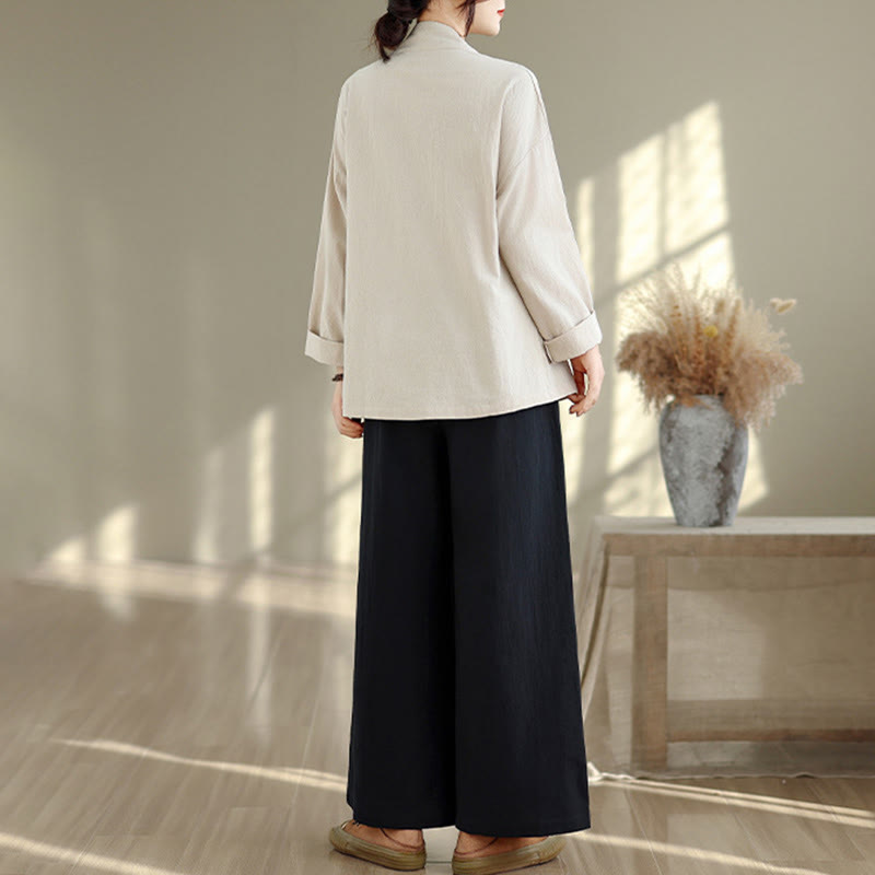 2Pcs V-Neck Long Sleeve Shirt Wide Leg Pants Zen Meditation Women's Set