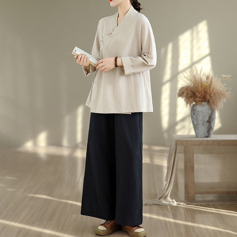 2Pcs V-Neck Long Sleeve Shirt Wide Leg Pants Zen Meditation Women's Set