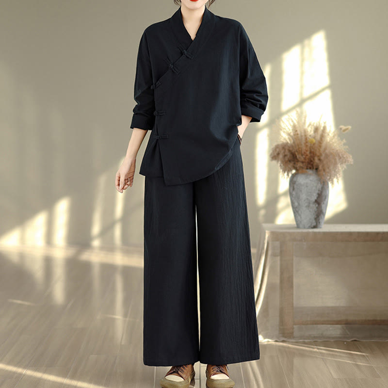 2Pcs V-Neck Long Sleeve Shirt Wide Leg Pants Zen Meditation Women's Set