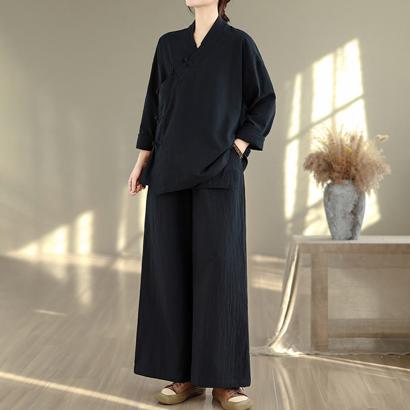 2Pcs V-Neck Long Sleeve Shirt Wide Leg Pants Zen Meditation Women's Set
