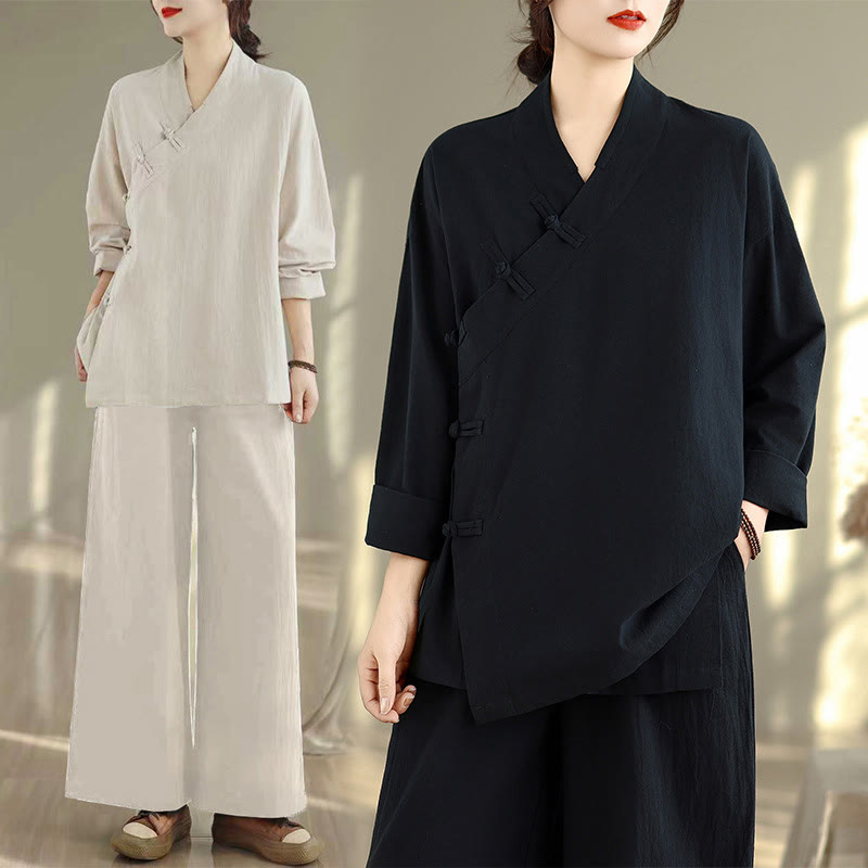 2Pcs V-Neck Long Sleeve Shirt Wide Leg Pants Zen Meditation Women's Set