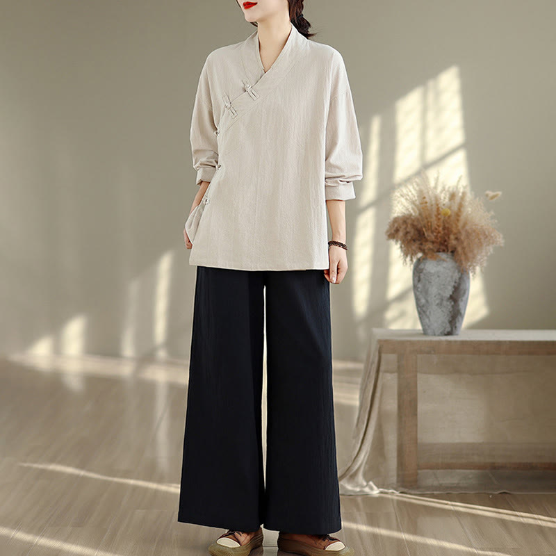 2Pcs V-Neck Long Sleeve Shirt Wide Leg Pants Zen Meditation Women's Set