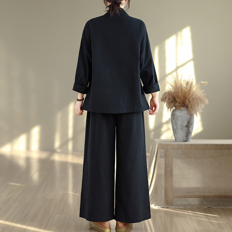 2Pcs V-Neck Long Sleeve Shirt Wide Leg Pants Zen Meditation Women's Set