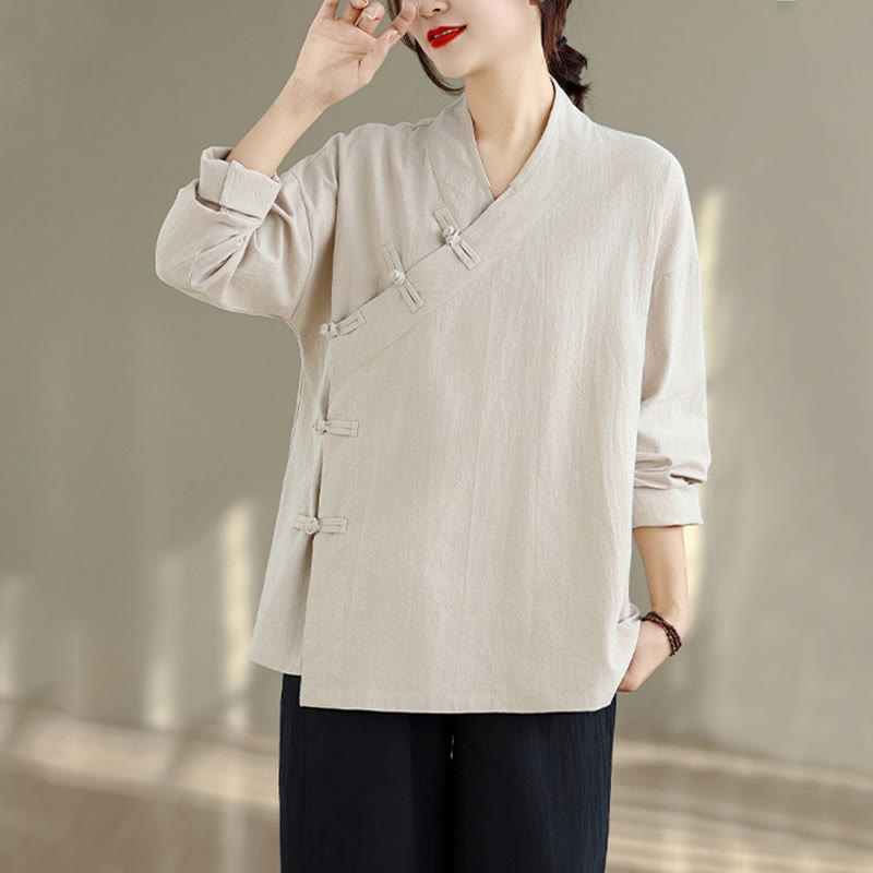 2Pcs V-Neck Long Sleeve Shirt Wide Leg Pants Zen Meditation Women's Set
