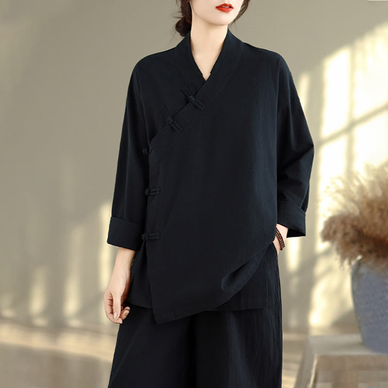2Pcs V-Neck Long Sleeve Shirt Wide Leg Pants Zen Meditation Women's Set