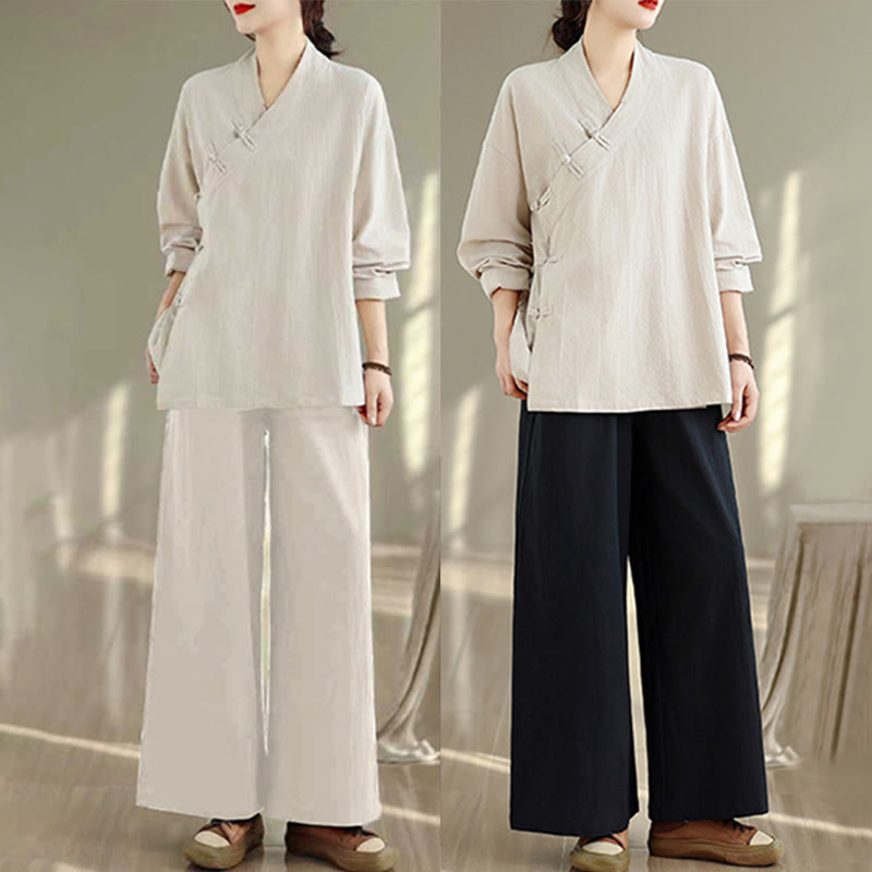 2Pcs V-Neck Long Sleeve Shirt Wide Leg Pants Zen Meditation Women's Set