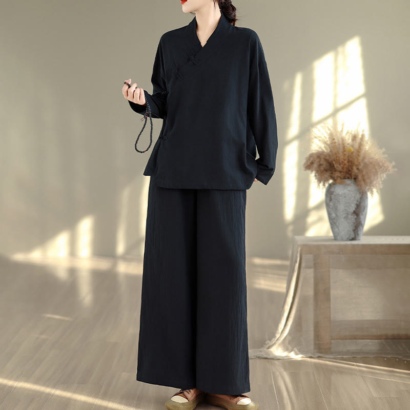 2Pcs V-Neck Long Sleeve Shirt Wide Leg Pants Zen Meditation Women's Set